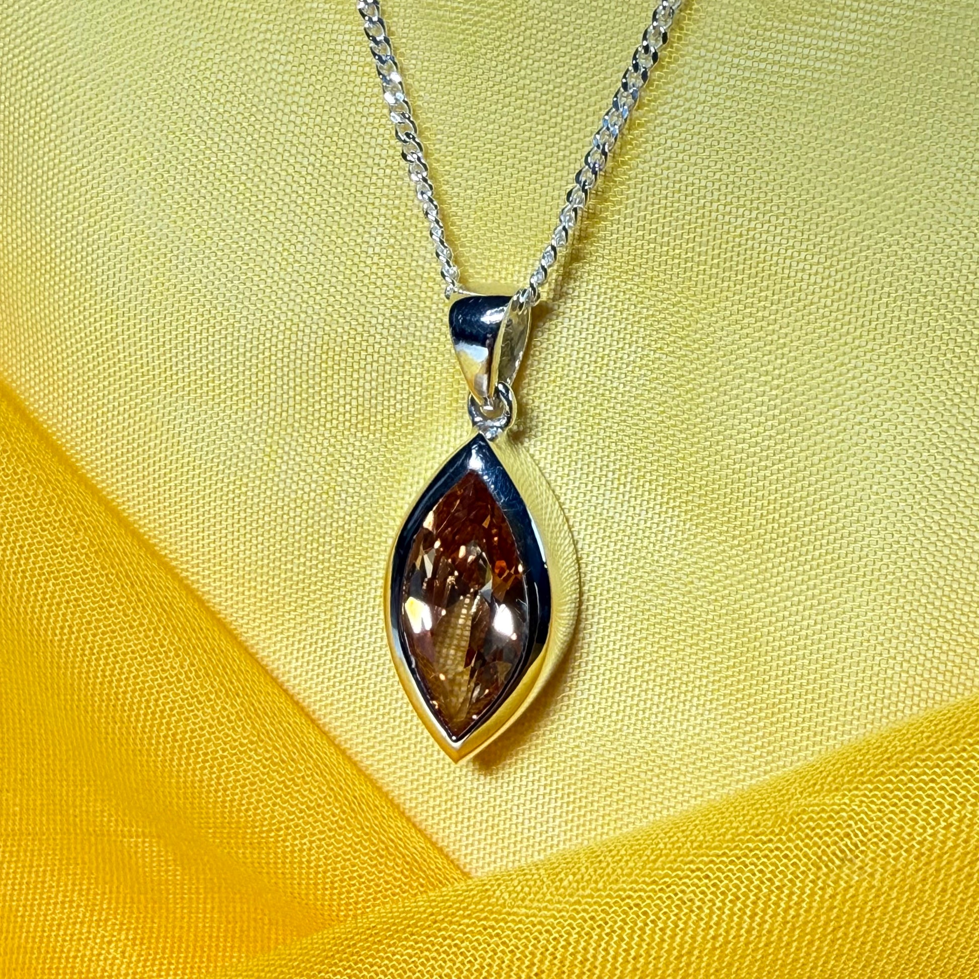 Large citrine coloured cubic zirconia necklace pendant marquise smooth rub over setting with chain