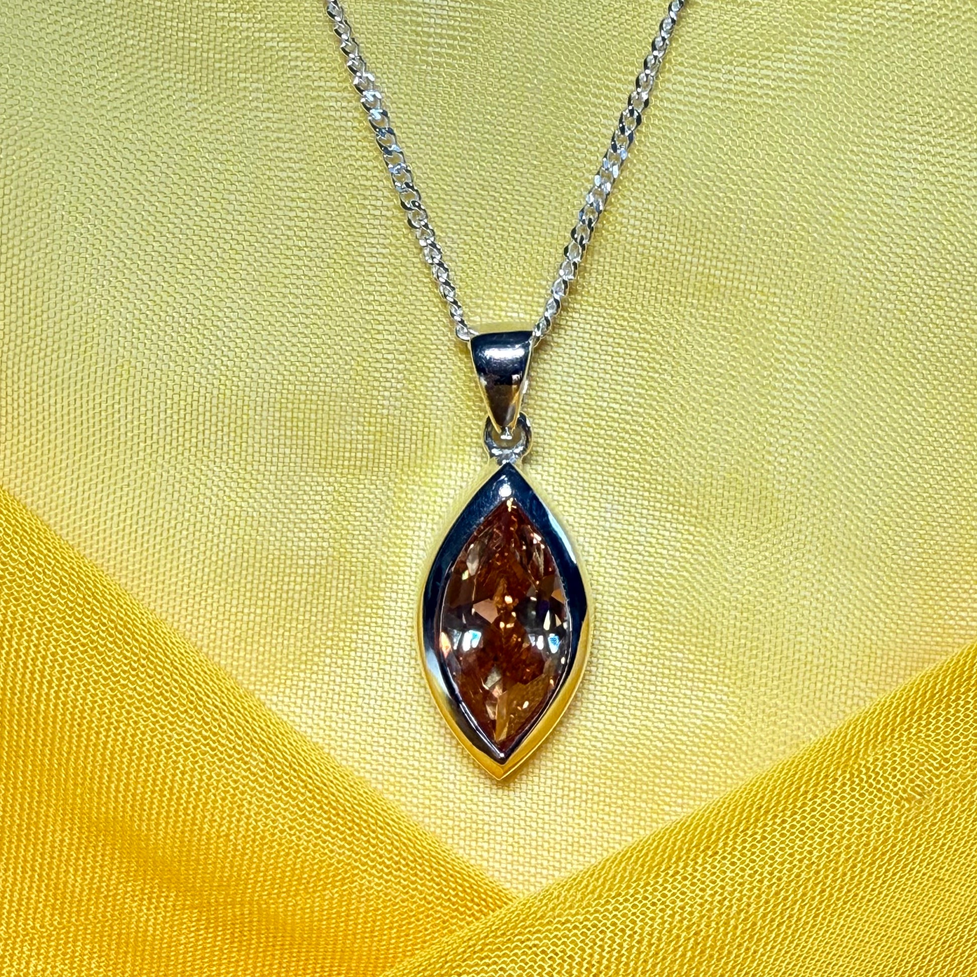 Large citrine coloured cubic zirconia necklace pendant marquise smooth rub over setting with chain
