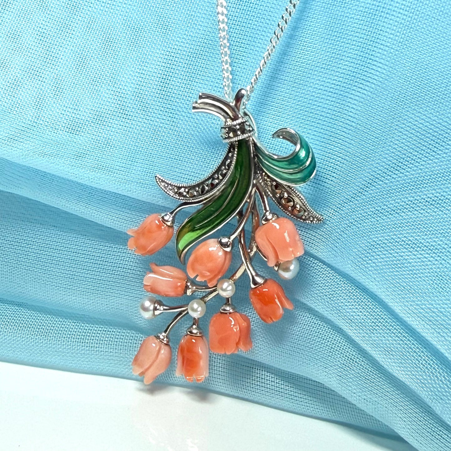 Large coral and real freshwater pearl necklace spray floral designed pendant