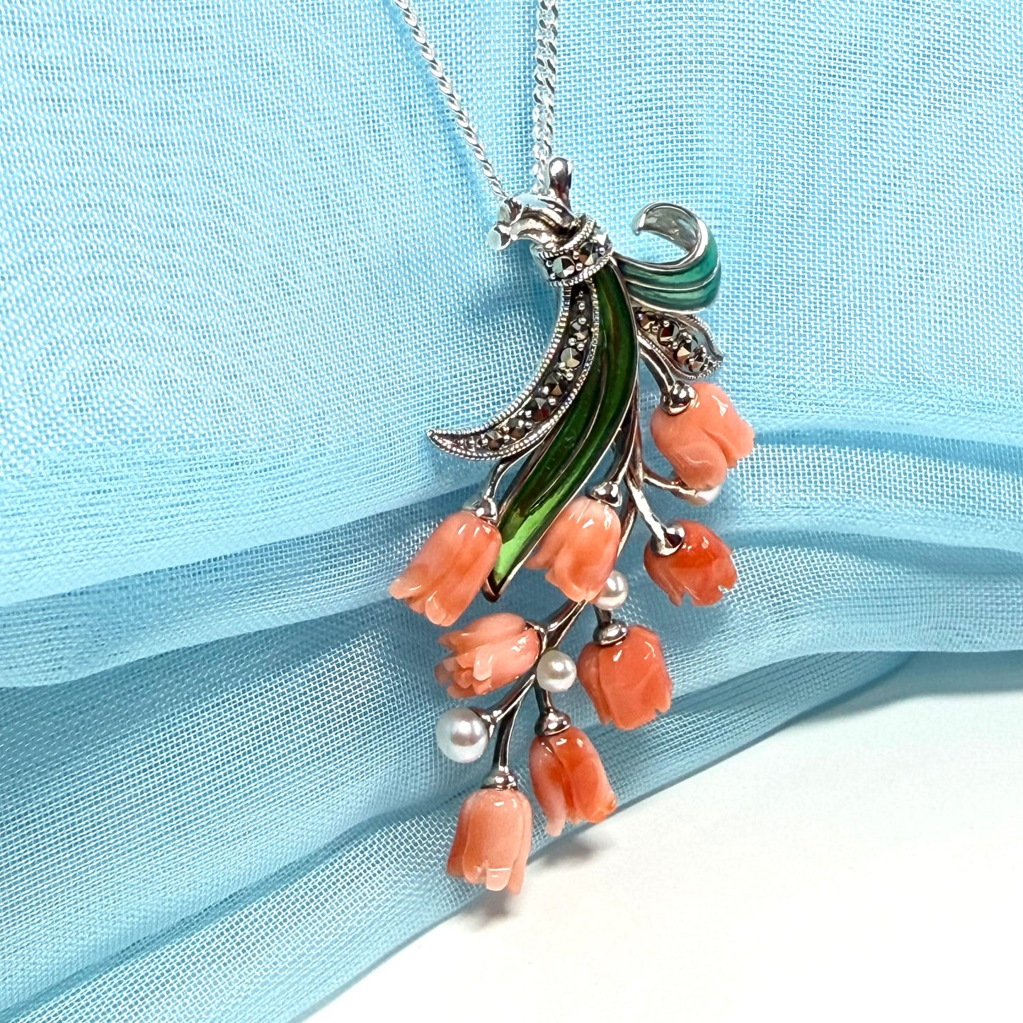 Large coral and real freshwater pearl necklace spray floral designed pendant
