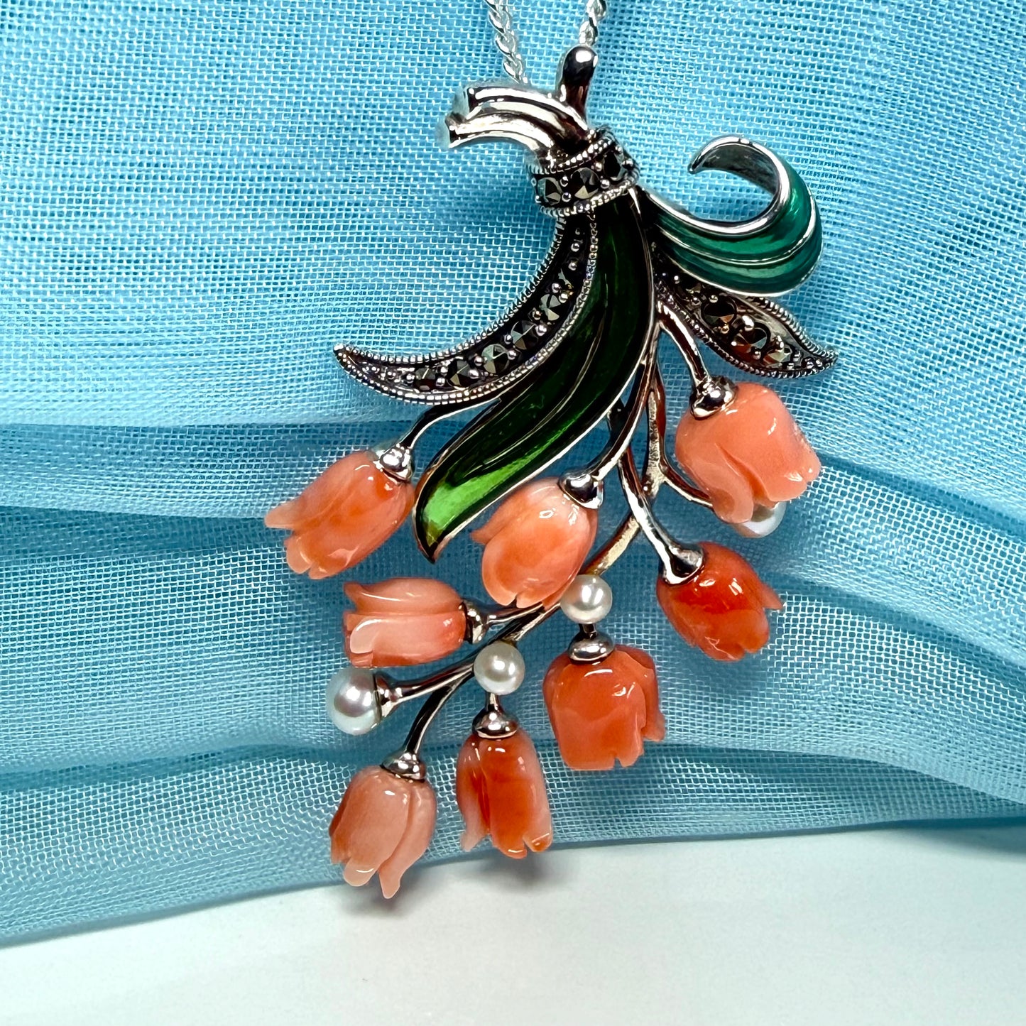 Large coral and real freshwater pearl necklace spray floral designed pendant