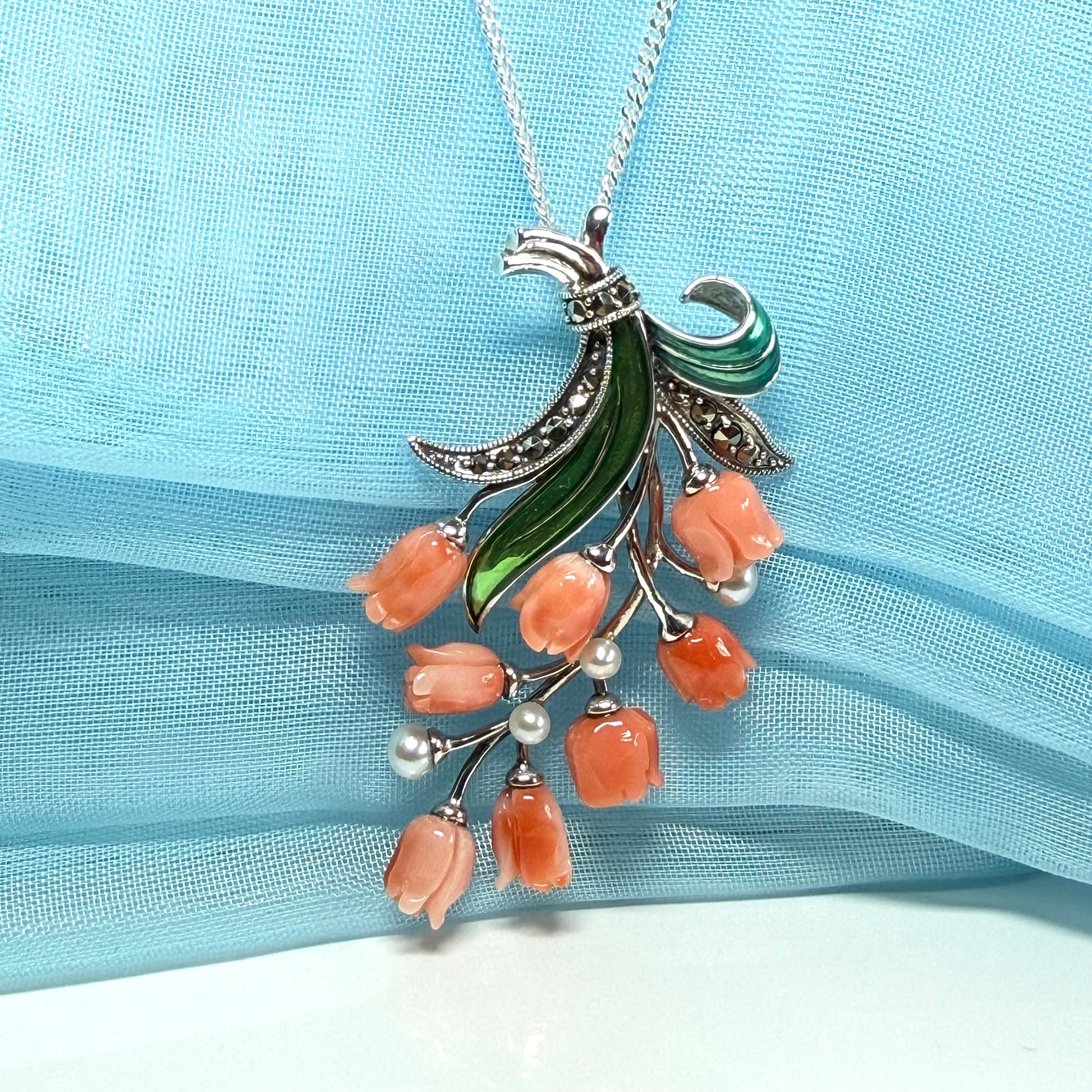 Large coral and real freshwater pearl necklace spray floral designed pendant