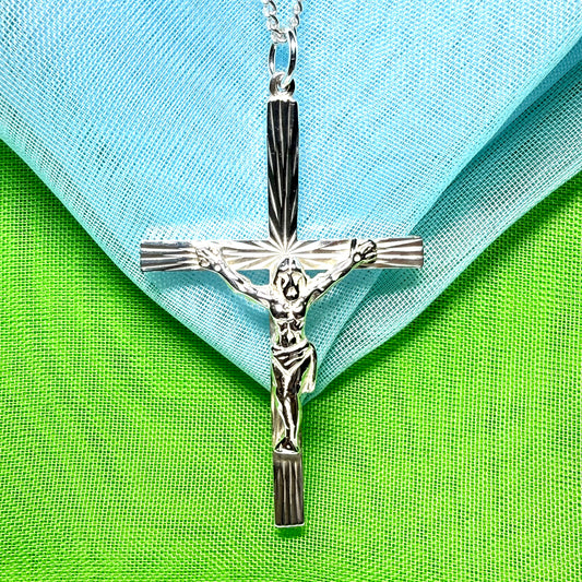 Large crucifix with bark effect diamond cut solid sterling silver cross necklace with chain