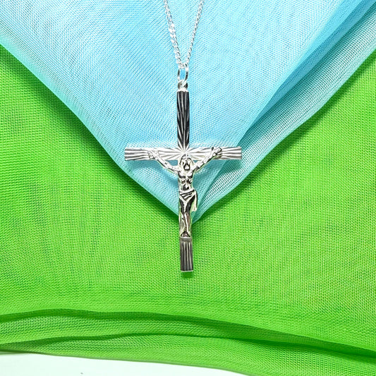 Large crucifix with bark effect diamond cut solid sterling silver cross necklace with chain