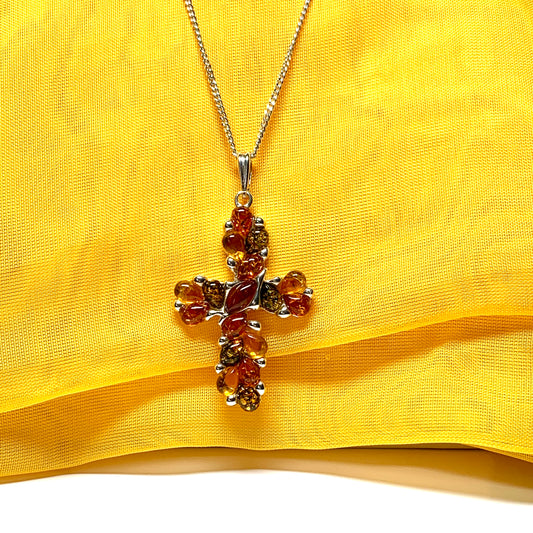 Large fancy patterned real amber cross necklace sterling silver chain included