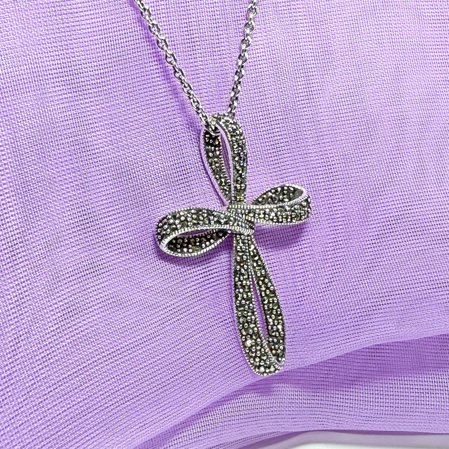 Large fancy shaped real marcasite open cross and chain solid sterling silver