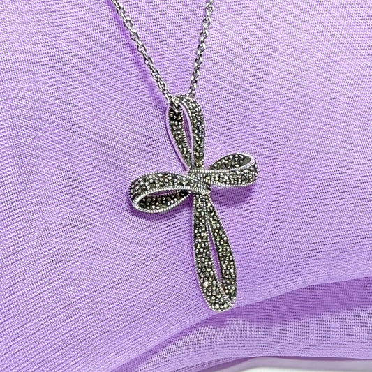 Large fancy shaped real marcasite open cross and chain solid sterling silver