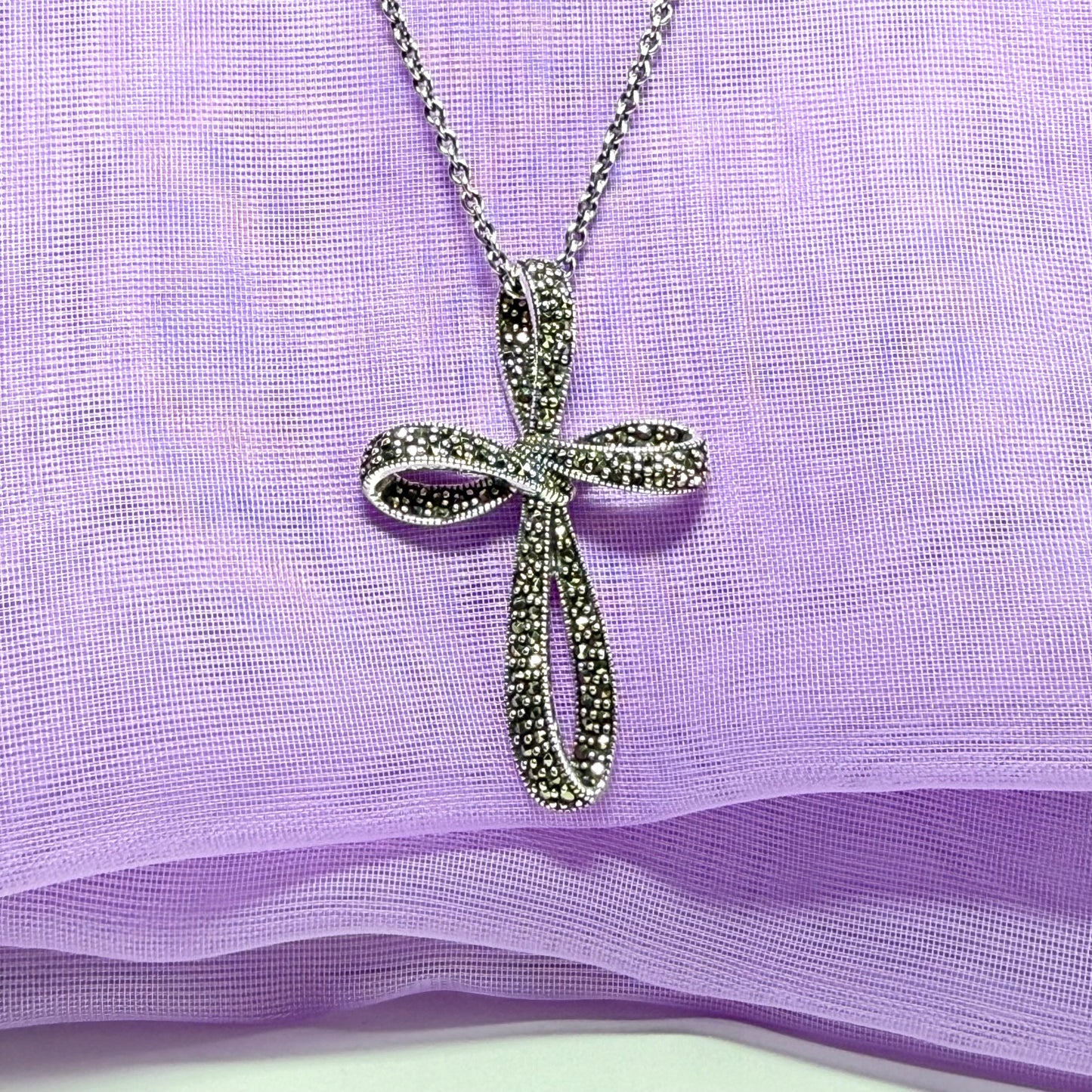 Large fancy shaped real marcasite open cross and chain solid sterling silver