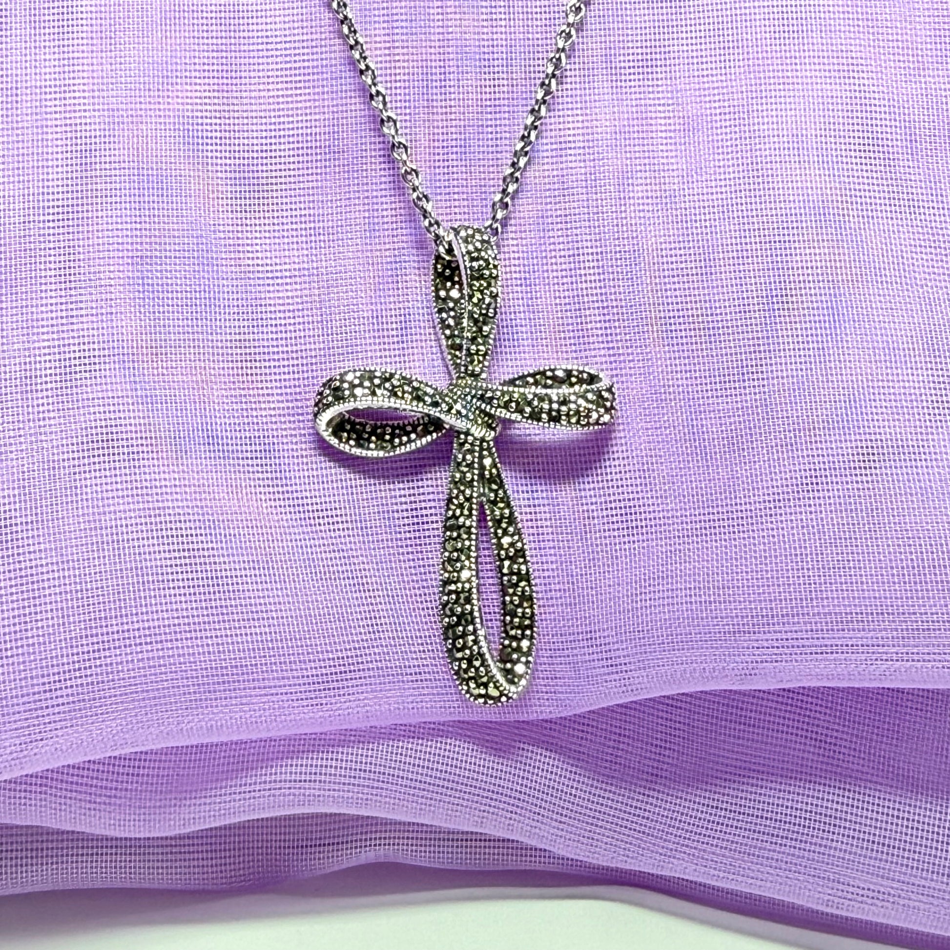 Large fancy shaped real marcasite open cross and chain solid sterling silver