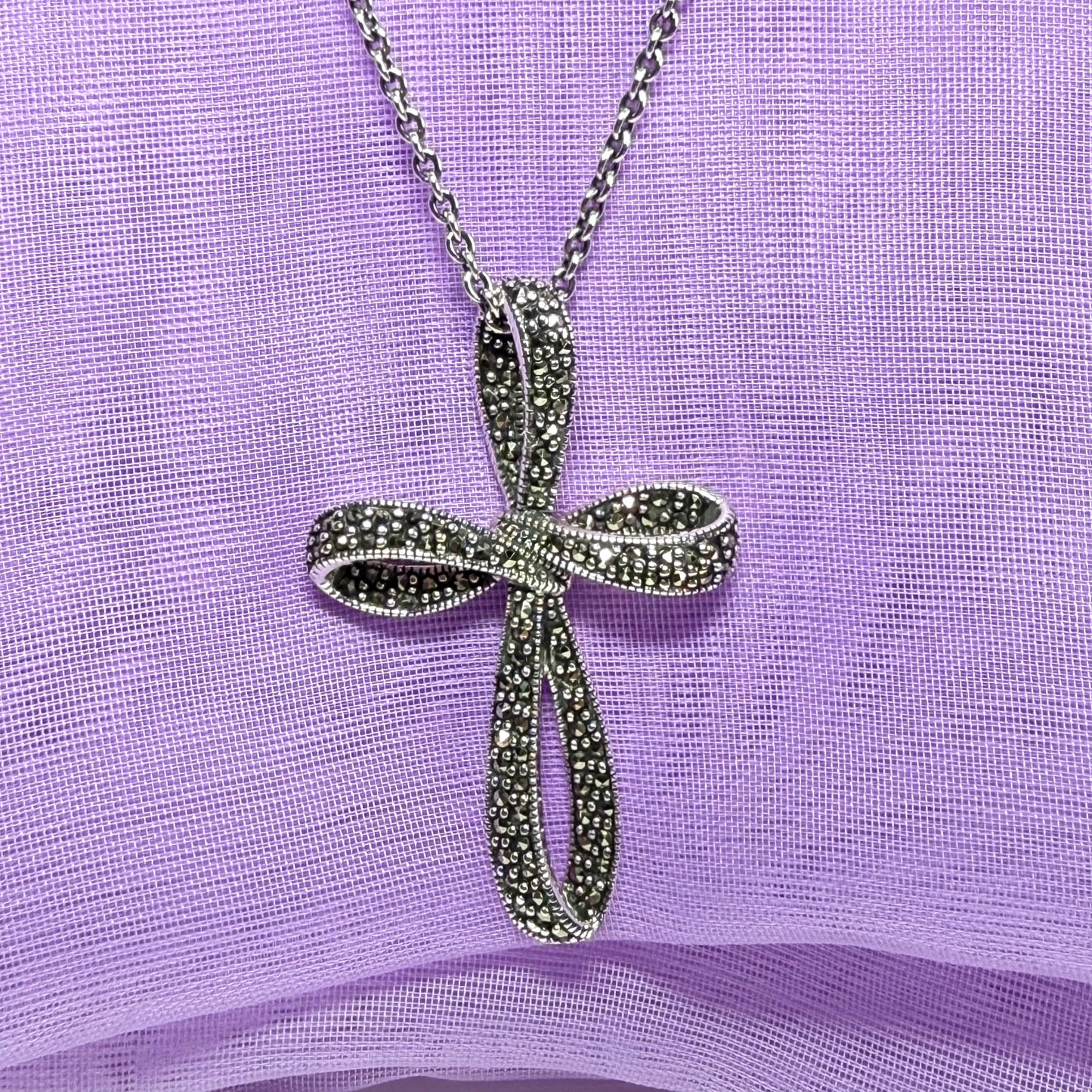 Large fancy shaped real marcasite open cross and chain solid sterling silver