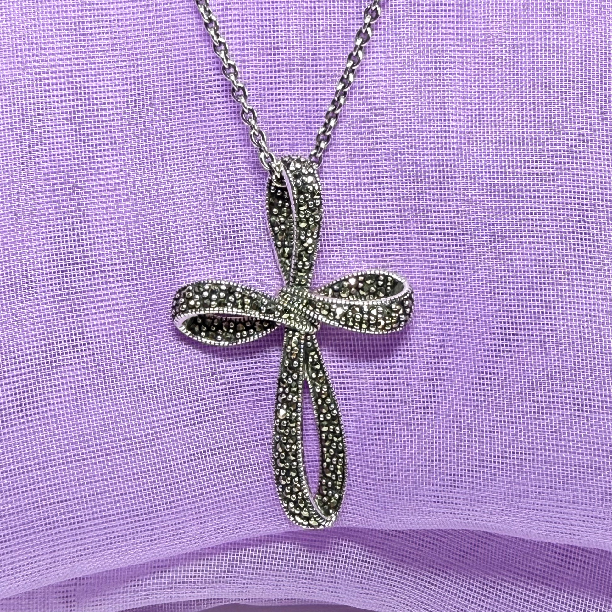 Large fancy shaped real marcasite open cross and chain solid sterling silver