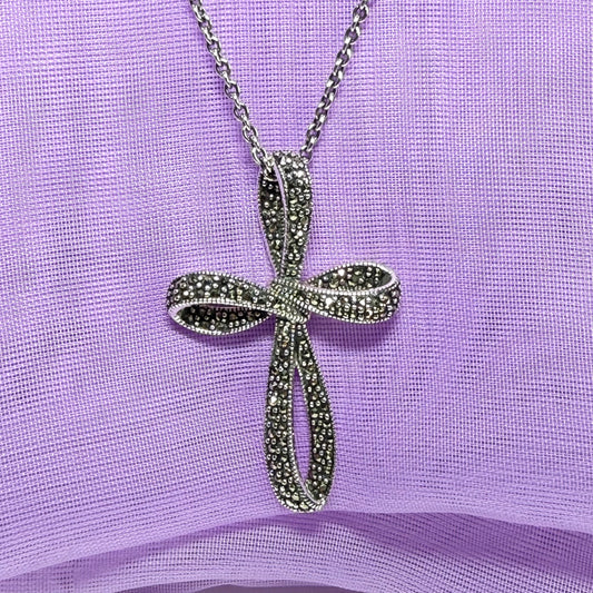 Large fancy shaped real marcasite open cross and chain solid sterling silver