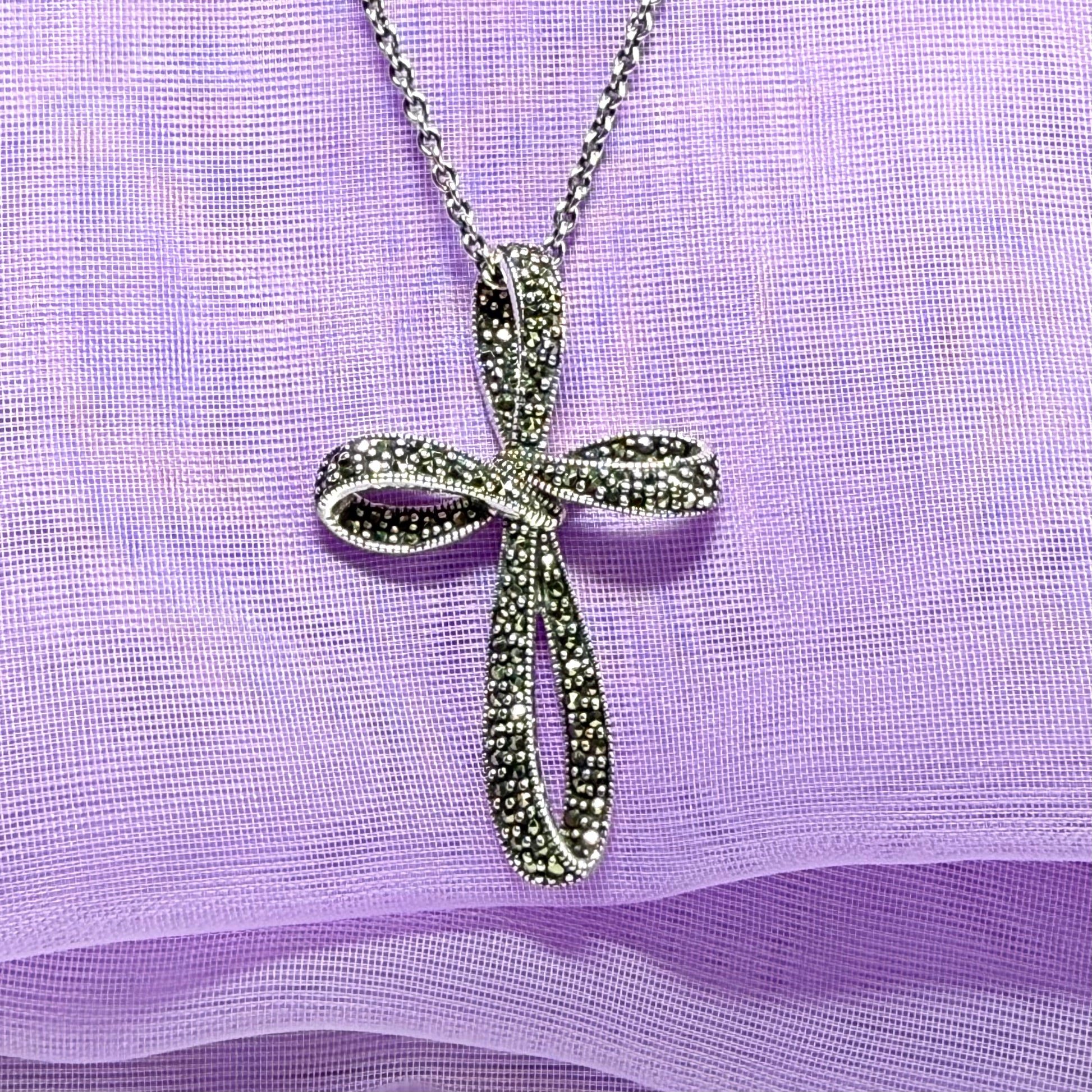 Large fancy shaped real marcasite open cross and chain solid sterling silver