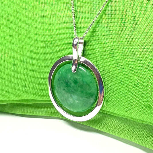 Large gorgeous timeless real green jade necklace sterling silver round shaped halo styled pendant