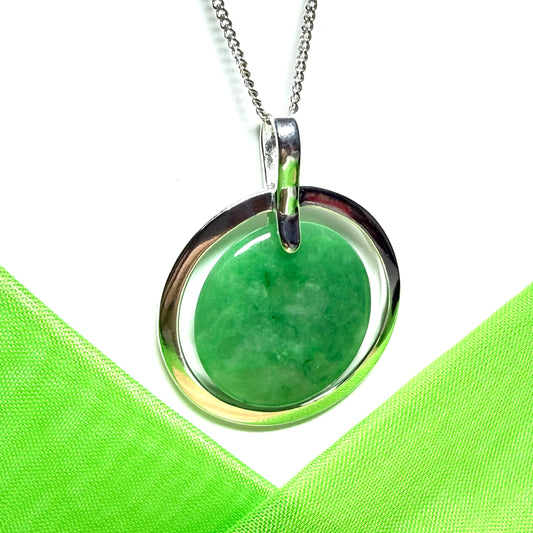 Large green necklace sterling silver round shaped real jade halo styled pendant with a solid curb chain