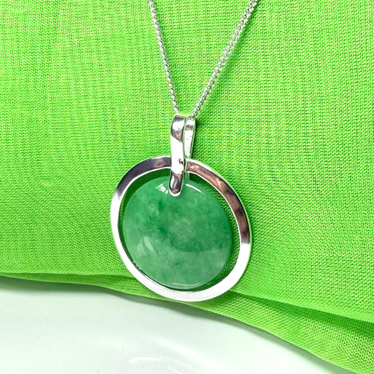Large green necklace sterling silver round shaped real jade halo styled pendant with a solid curb chain