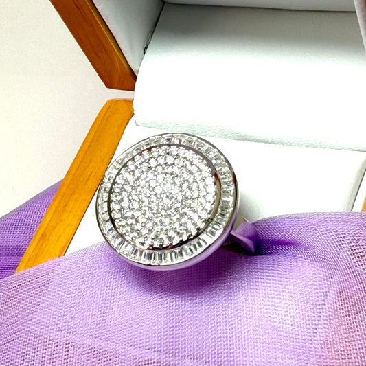Large ladies round shaped cluster cocktail ring sterling silver cubic zirconia