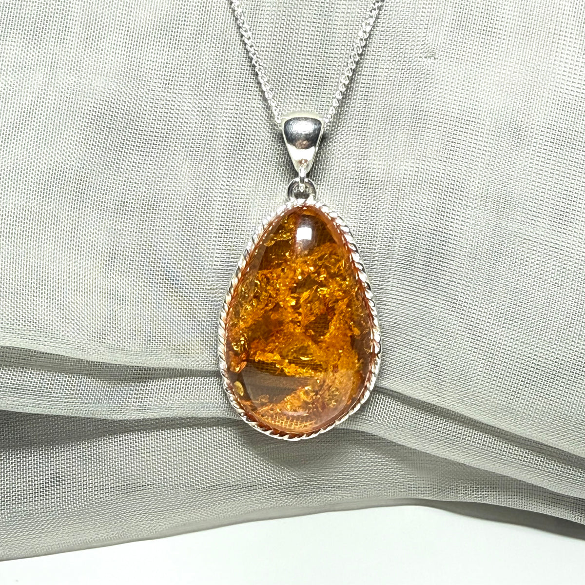 Large necklace real amber irregular shaped pendant sterling silver