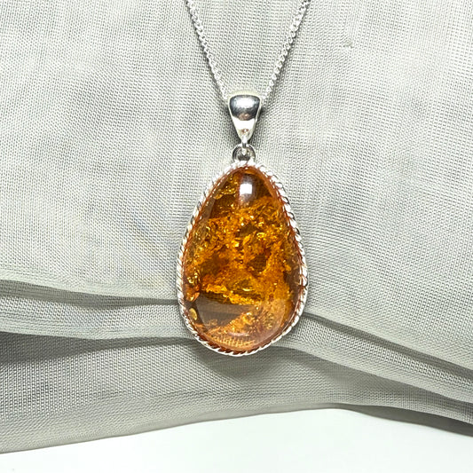 Large necklace real amber irregular shaped pendant sterling silver