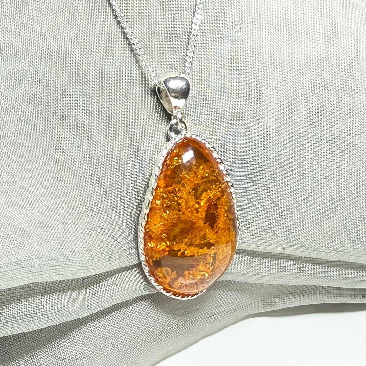 Large necklace real amber irregular shaped pendant sterling silver