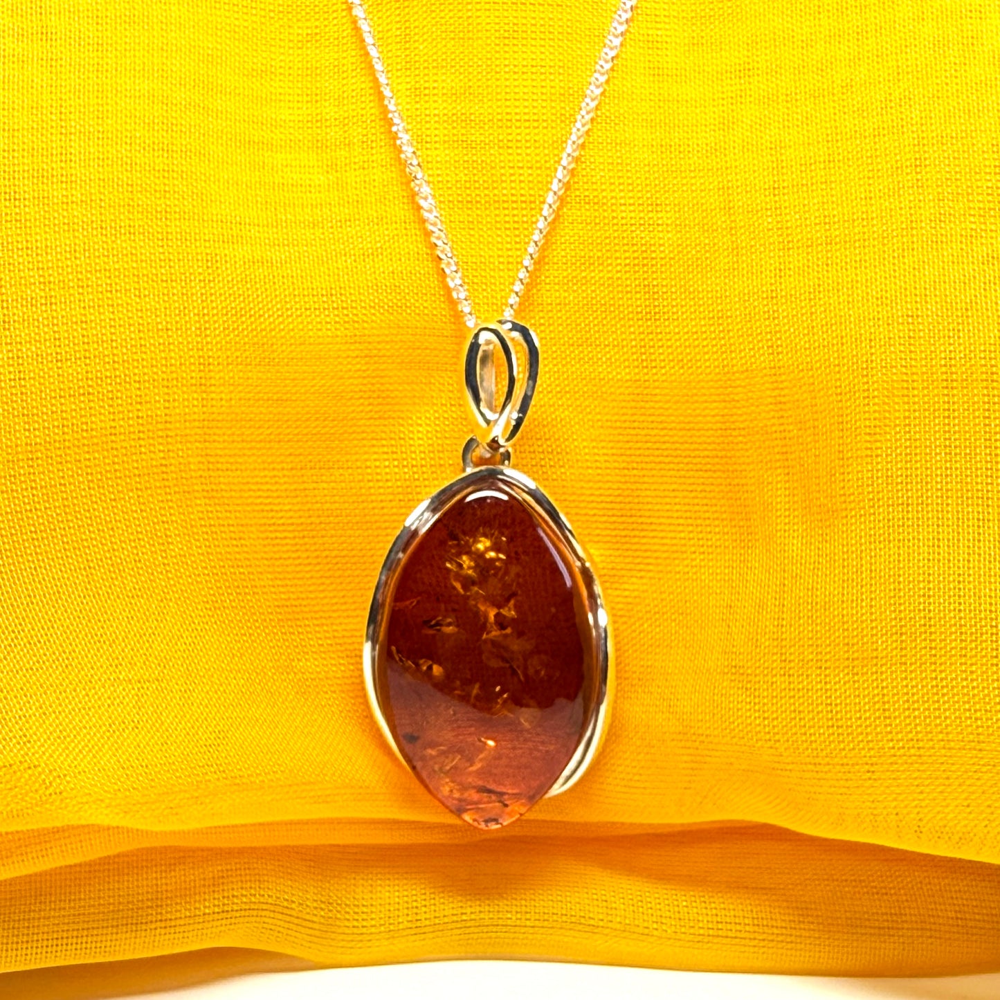 Large necklace real amber oval shaped pendant sterling silver with chain