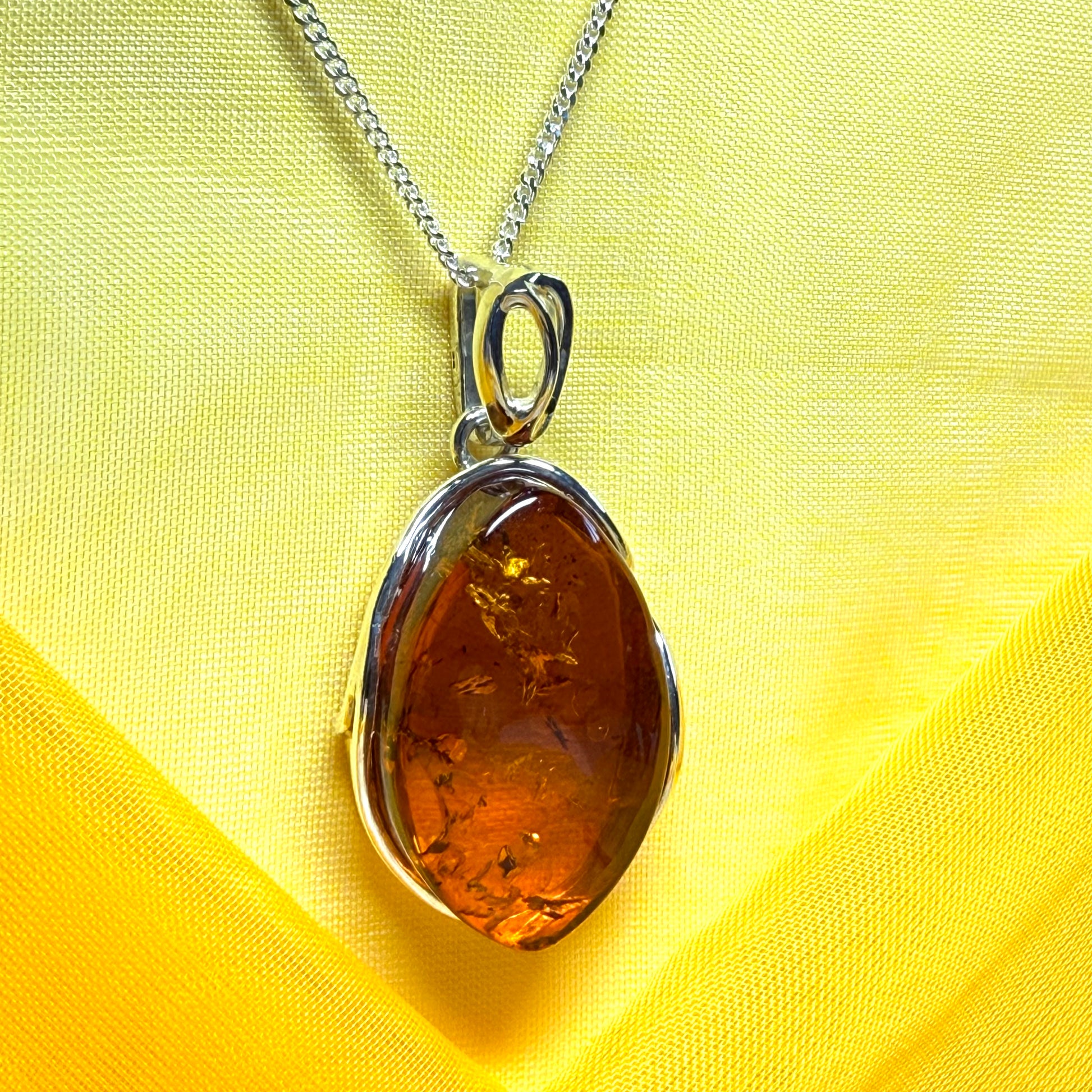 Large necklace real amber oval shaped pendant sterling silver with chain