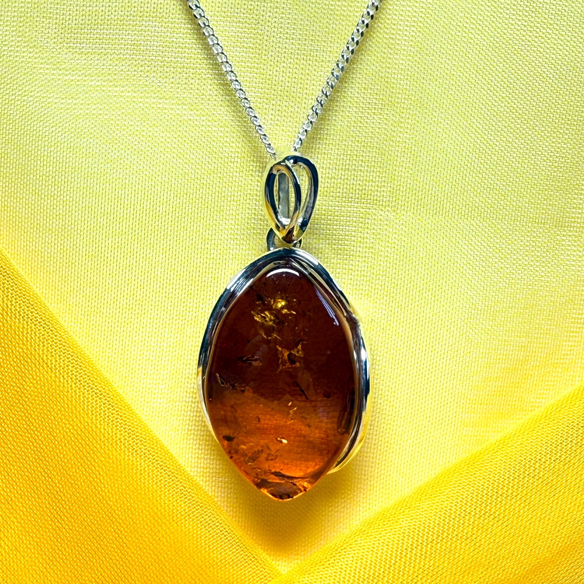 Large necklace real amber oval shaped pendant sterling silver with chain