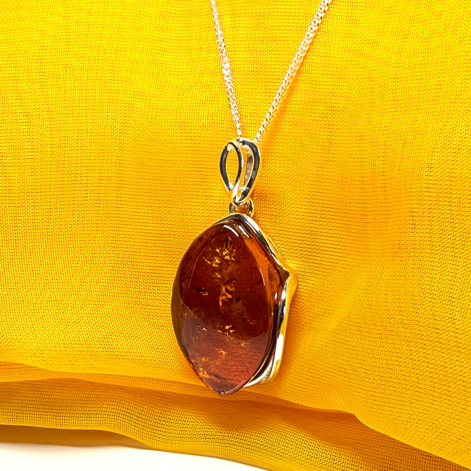 Large necklace real amber oval shaped pendant sterling silver with chain