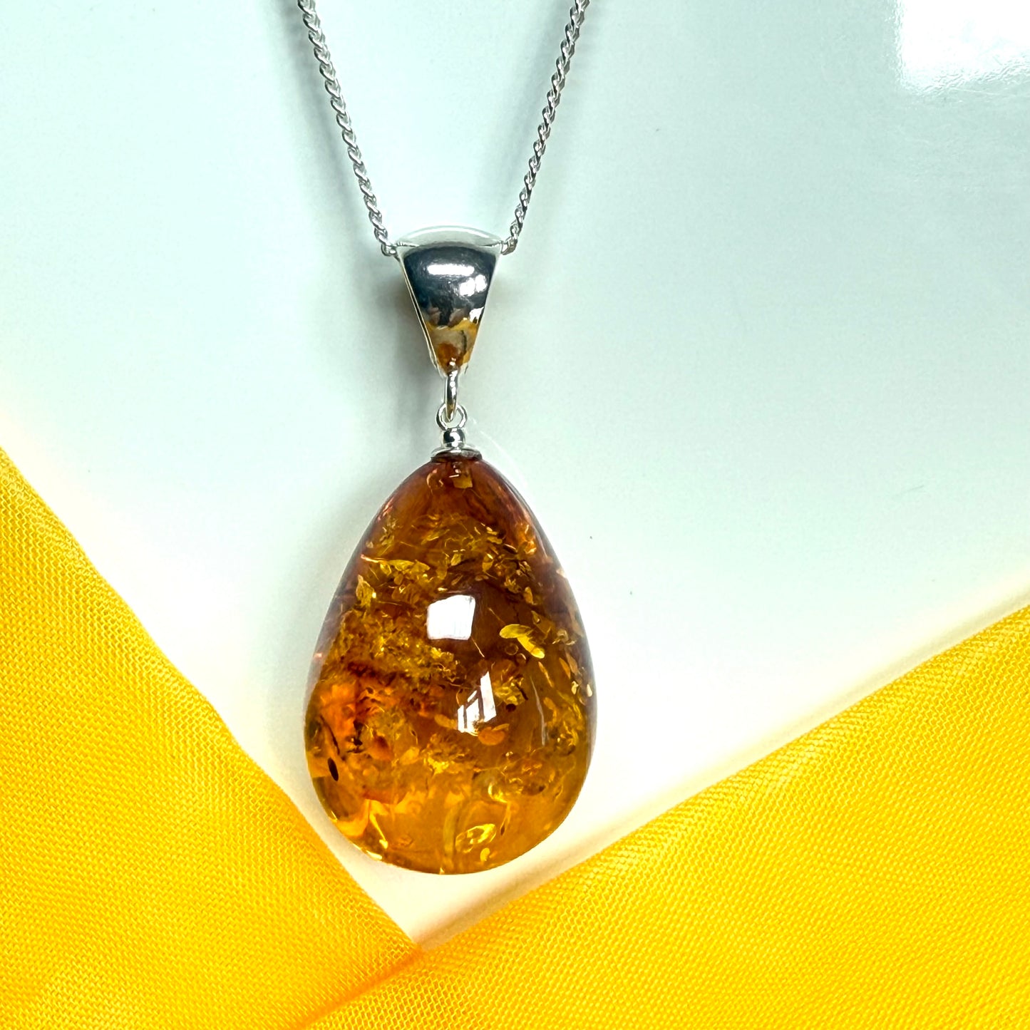 Large necklace real amber teardrop shaped pendant sterling silver