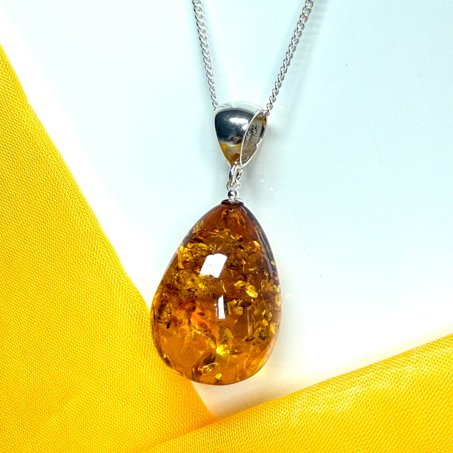 Large necklace real amber teardrop shaped pendant sterling silver