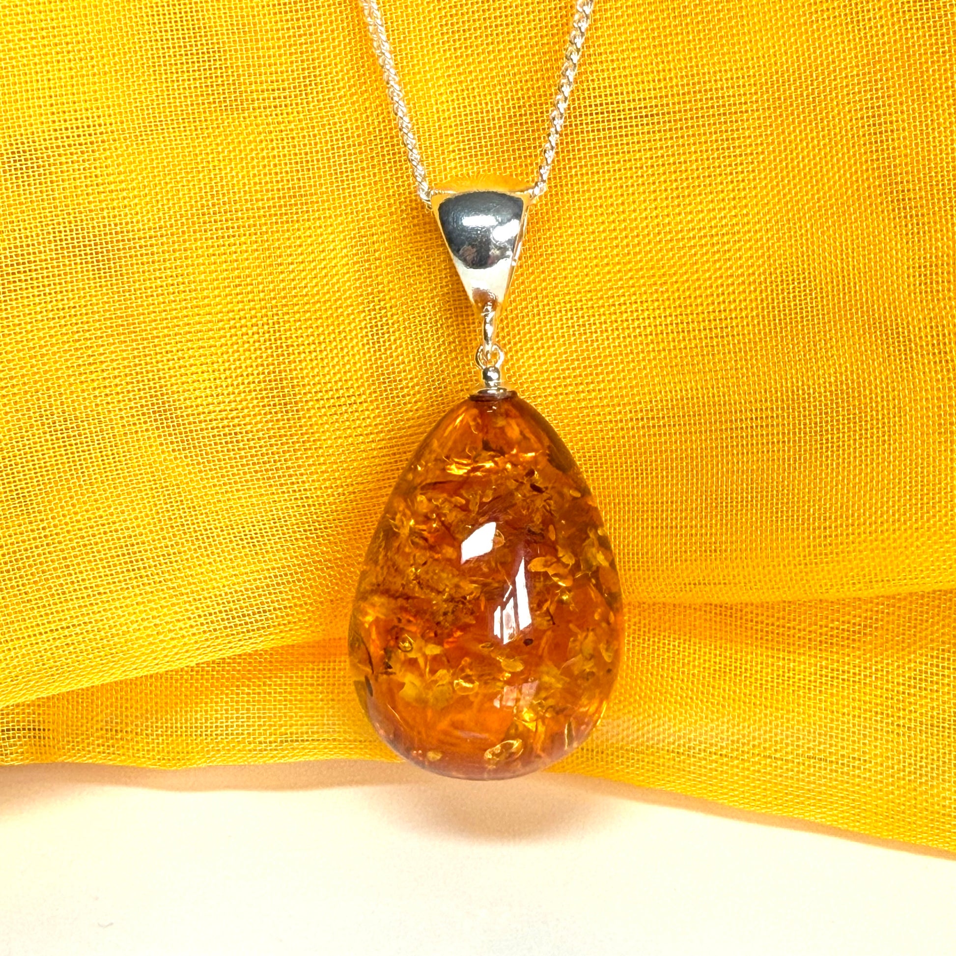 Large necklace real amber teardrop shaped pendant sterling silver
