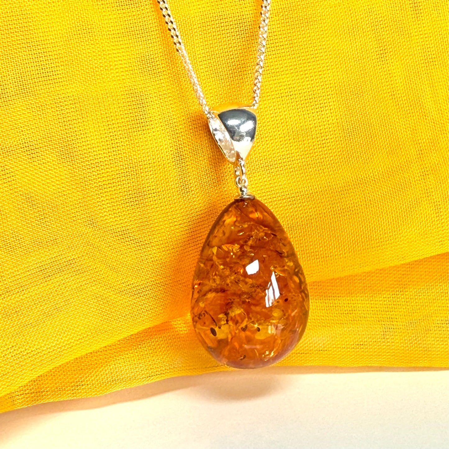 Large necklace real amber teardrop shaped pendant sterling silver