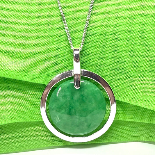 Large necklace sterling silver round shaped green real jade halo styled circle, a timeless designed pendant