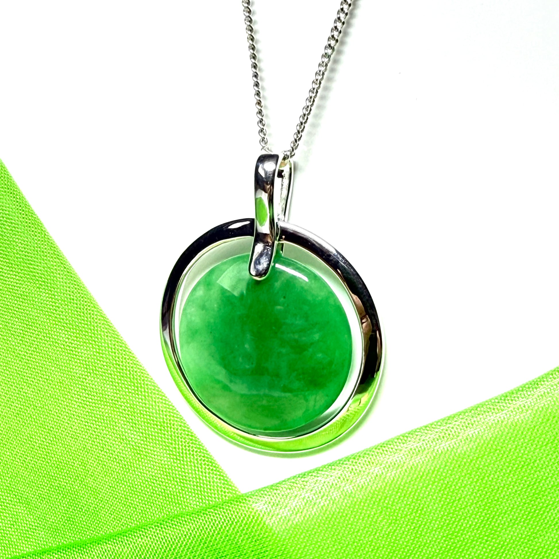 Large necklace sterling silver round shaped green real jade halo styled pendant curb with a chain included