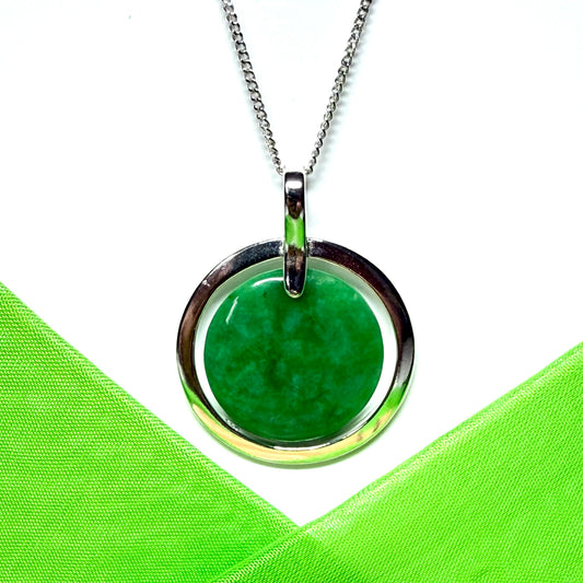 Large necklace sterling silver round shaped green real jade halo styled circle, a timeless designed pendant