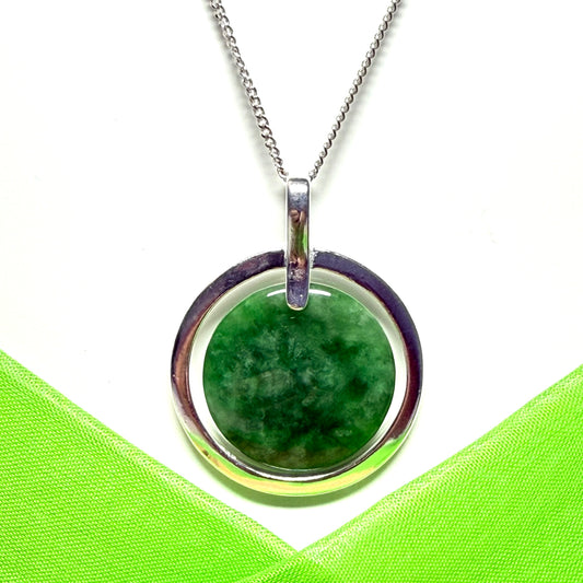 Large necklace sterling silver round shaped green real jade halo styled circle pendant, a timeless design