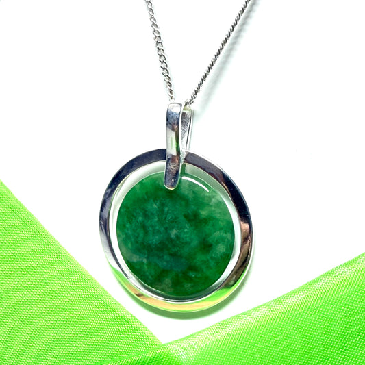Large necklace sterling silver round shaped green real jade halo styled circle pendant, a timeless design