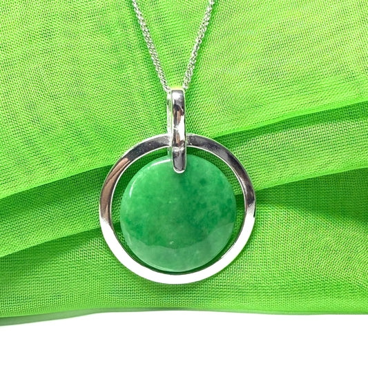Large necklace sterling silver round shaped green real jade halo styled pendant, a timeless design