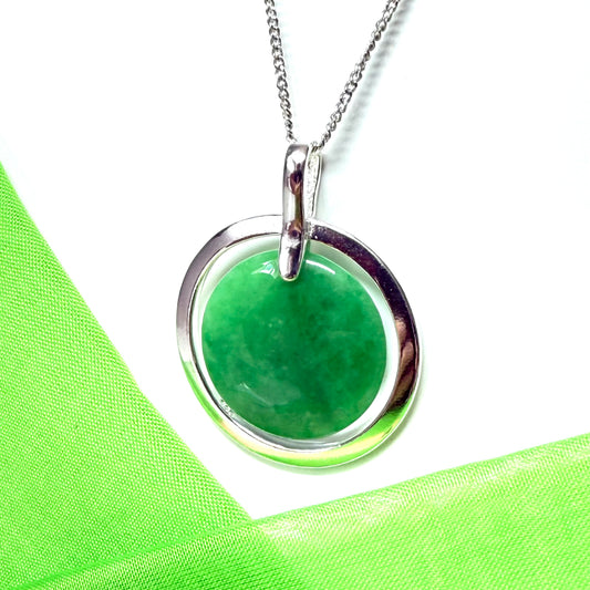 Large necklace sterling silver round shaped green real jade halo styled pendant, a timeless design