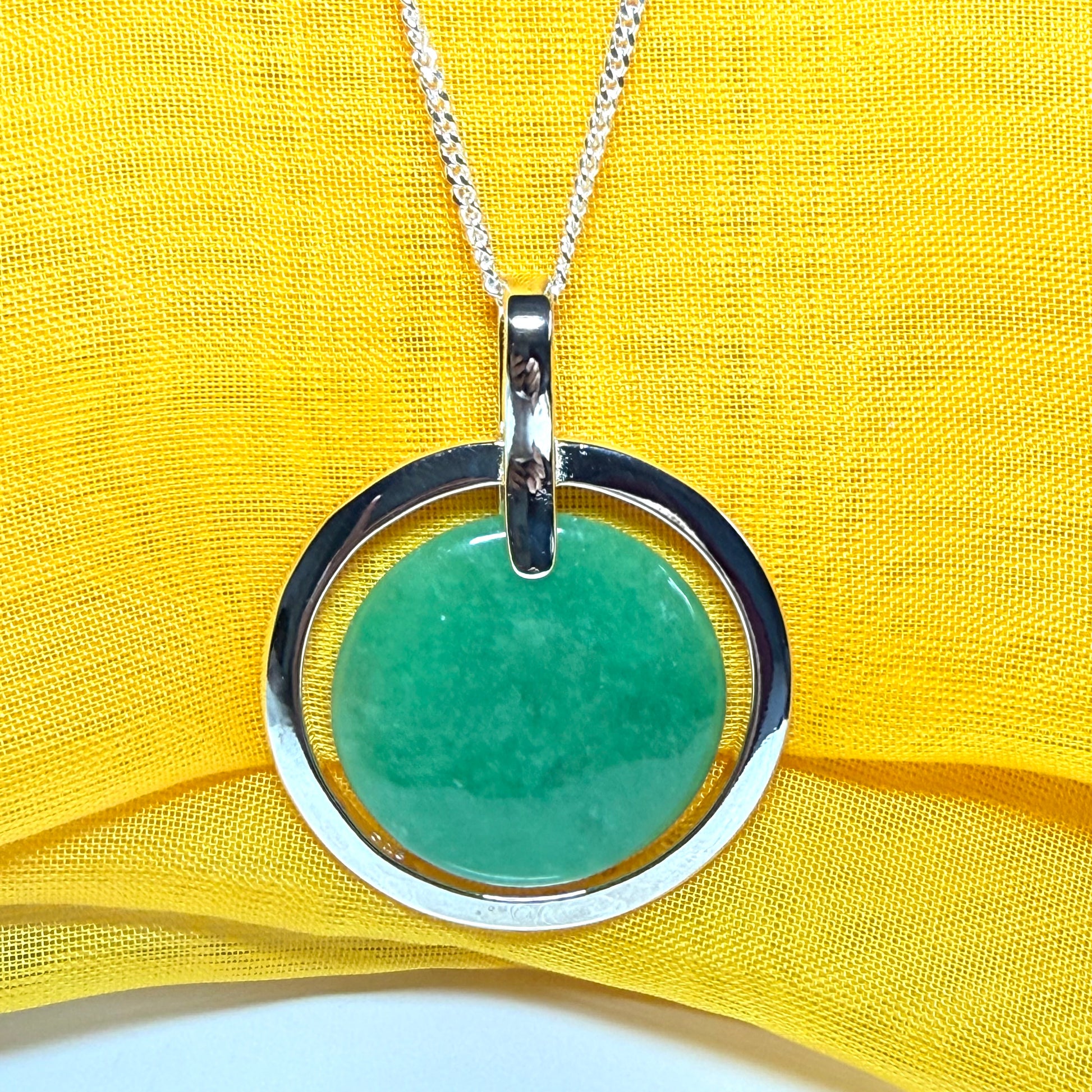 Large necklace sterling silver round shaped green real jade halo styled pendant curb with a chain included as well