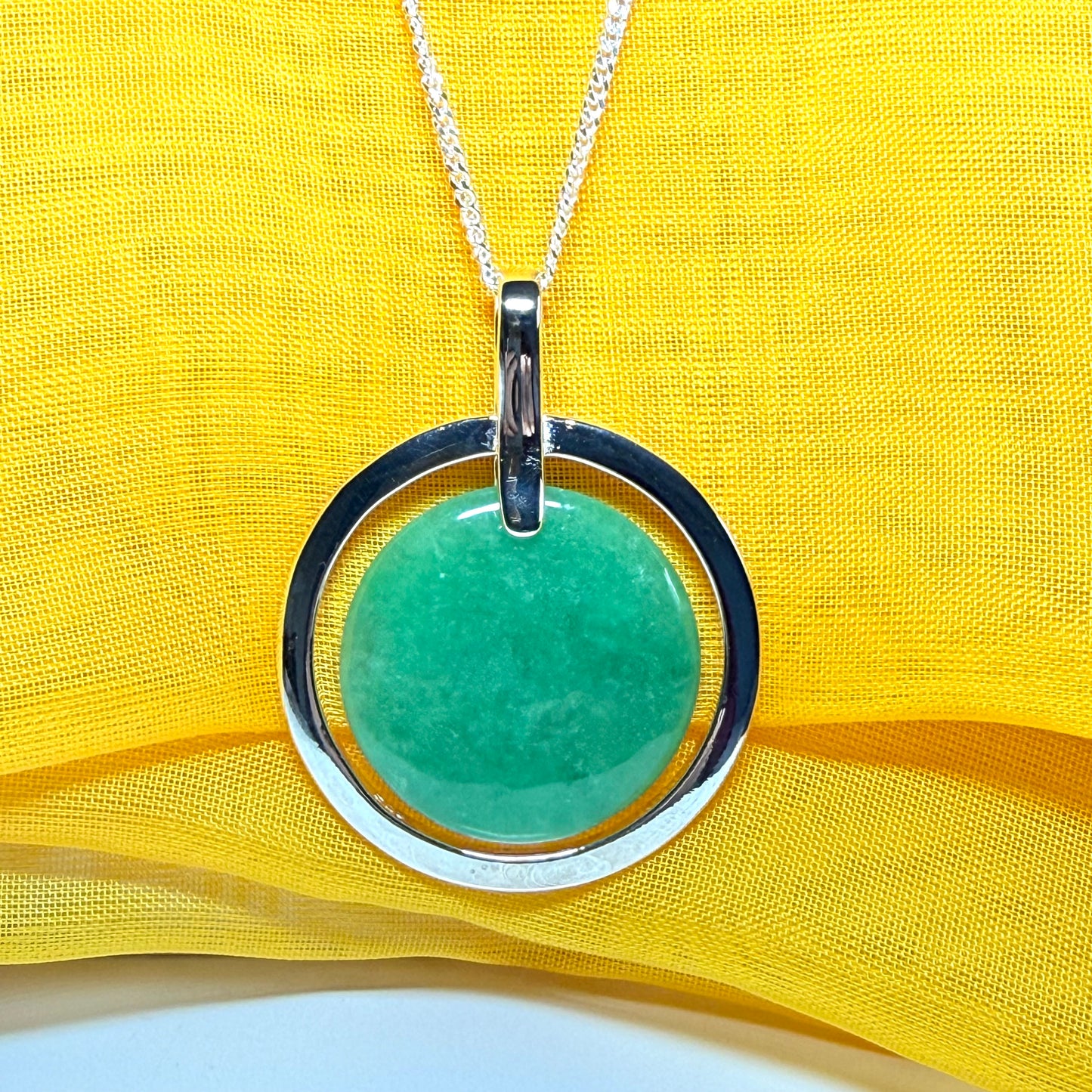 Large necklace sterling silver round shaped green real jade halo styled pendant curb with a chain included as well