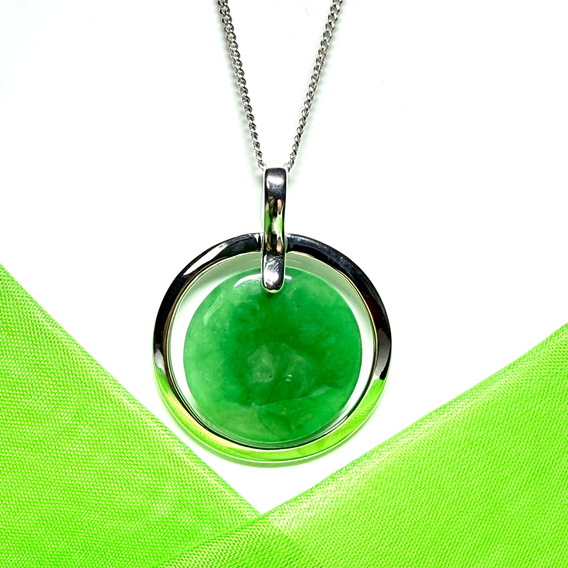 Large necklace sterling silver round shaped green real jade halo styled pendant curb with a chain included