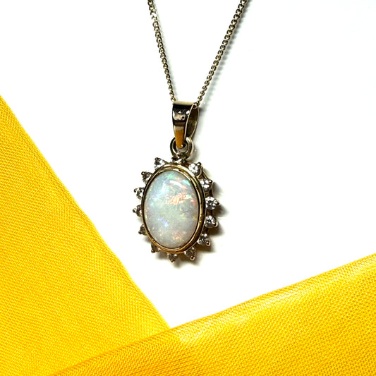 Large oval real opal and real diamond yellow gold necklace pendant