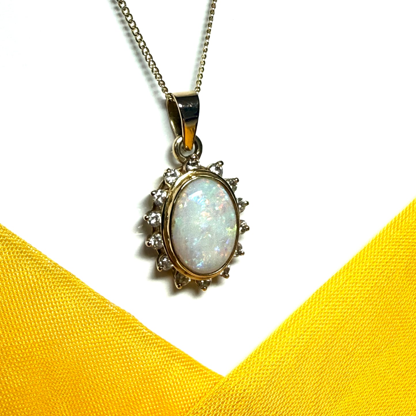Large oval real opal and real diamond yellow gold necklace pendant