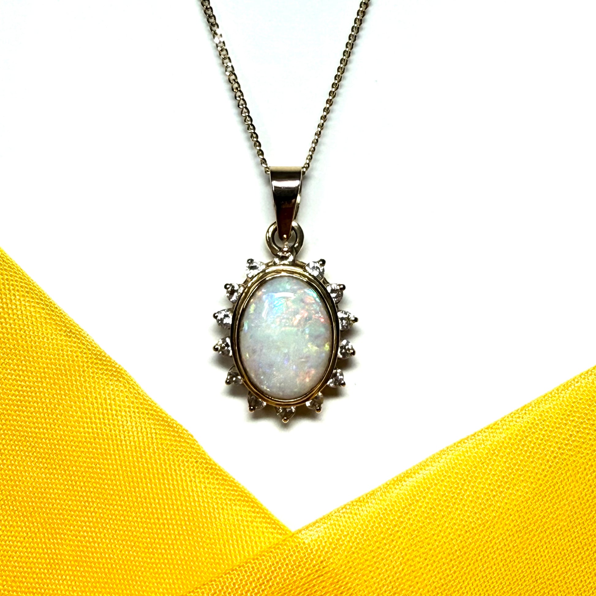 Large oval real opal and real diamond yellow gold necklace pendant
