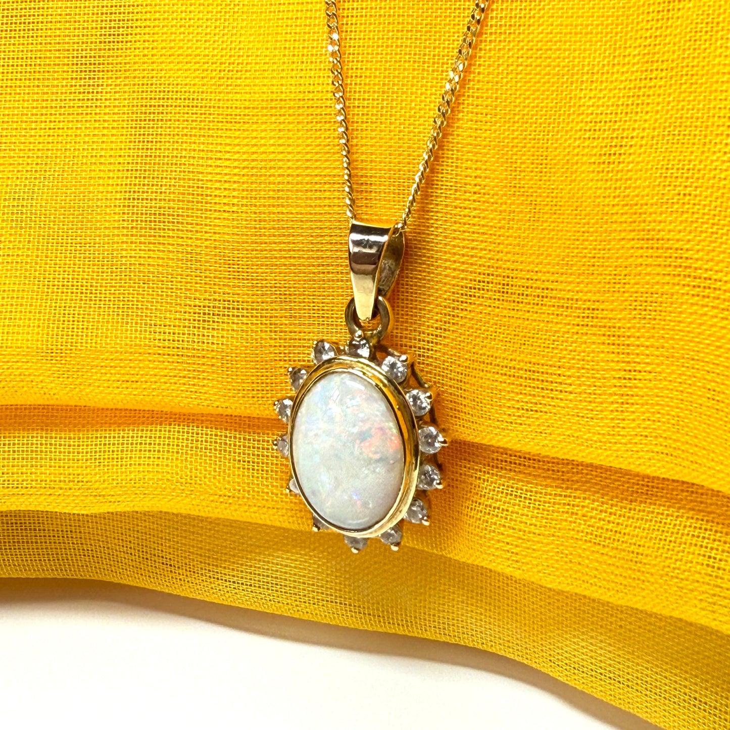 Large oval real opal and real diamond yellow gold necklace pendant