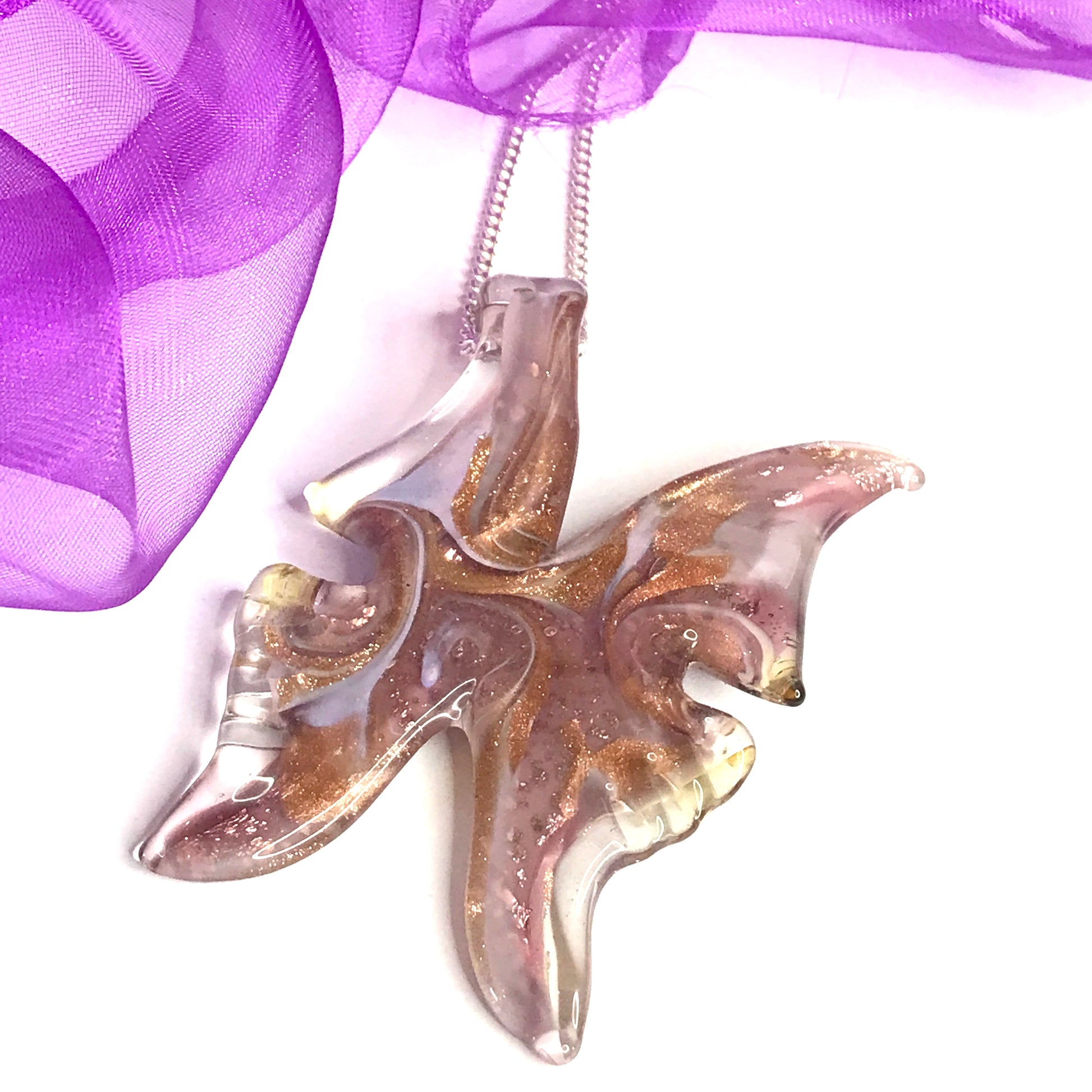 Large real Murano glass butterfly shaped necklace pink coloured pendant sterling silver with chain