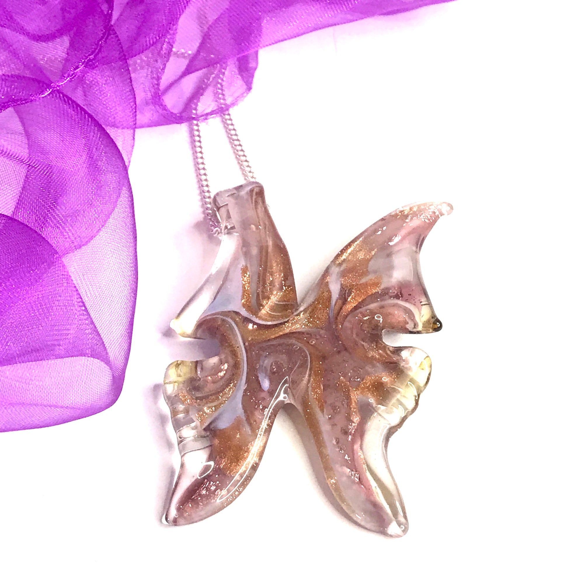 Large real Murano glass butterfly shaped necklace pink coloured pendant sterling silver with chain
