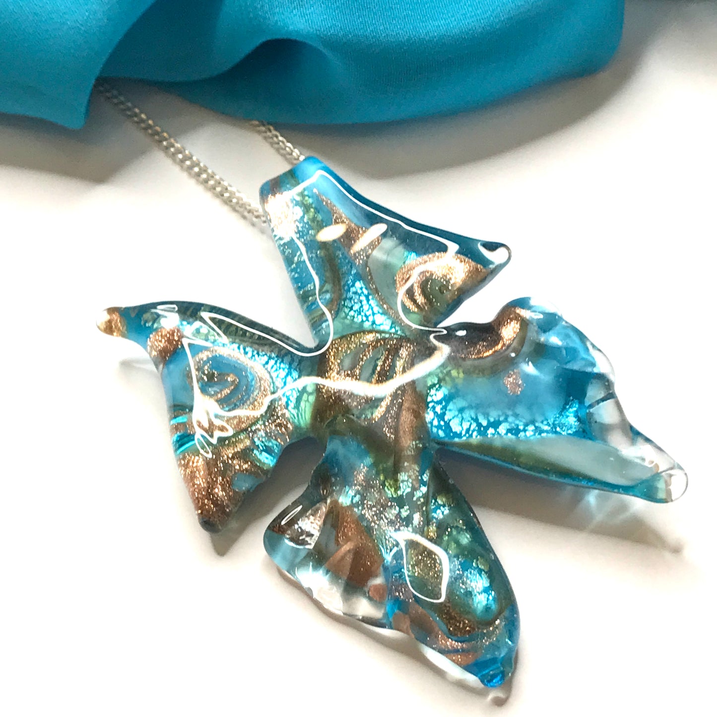 Large real Murano glass necklace blue butterfly shaped pendant sterling silver