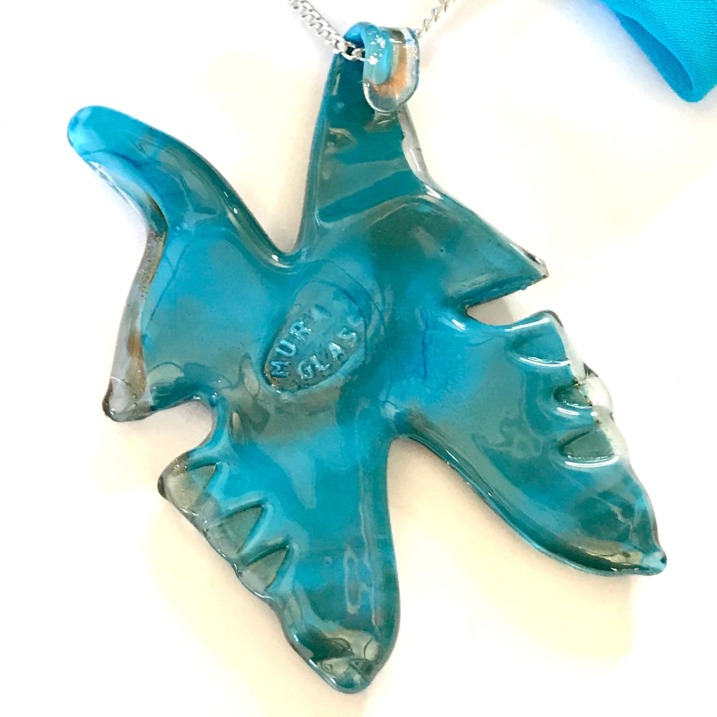 Large real Murano glass necklace blue butterfly shape pendant sterling silver stamp